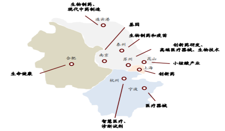 图5长三角主要的生物医药集群和定位