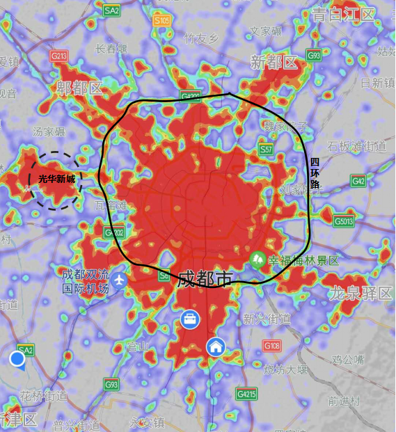 百度地图热力图显示,除大城南众板块之外,光华新城已经成为成都四环外