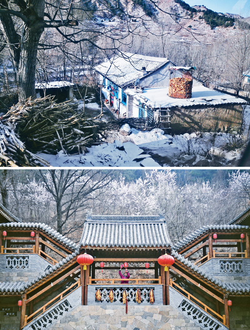 上图为2012年12月拍摄的脱贫前的阜平县骆驼湾村一户民居(新华社记者 庞兴雷/摄),下图为2020年4月拍摄的脱贫后的骆驼湾村一处民宿(新华社记者 王晓/摄)。