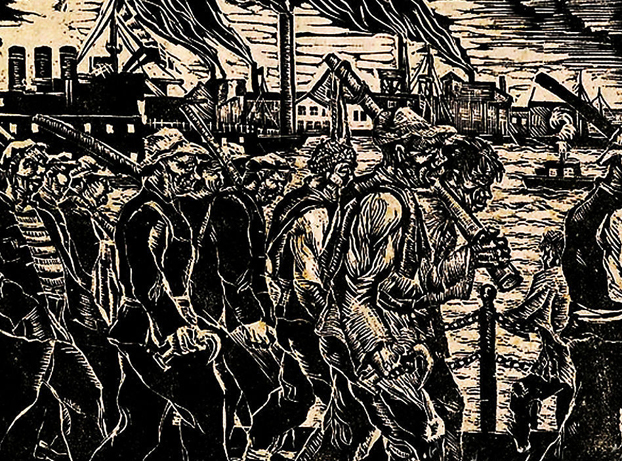 江丰1932年创作的黑白木刻版画《码头工人》,表现社会底层人民.