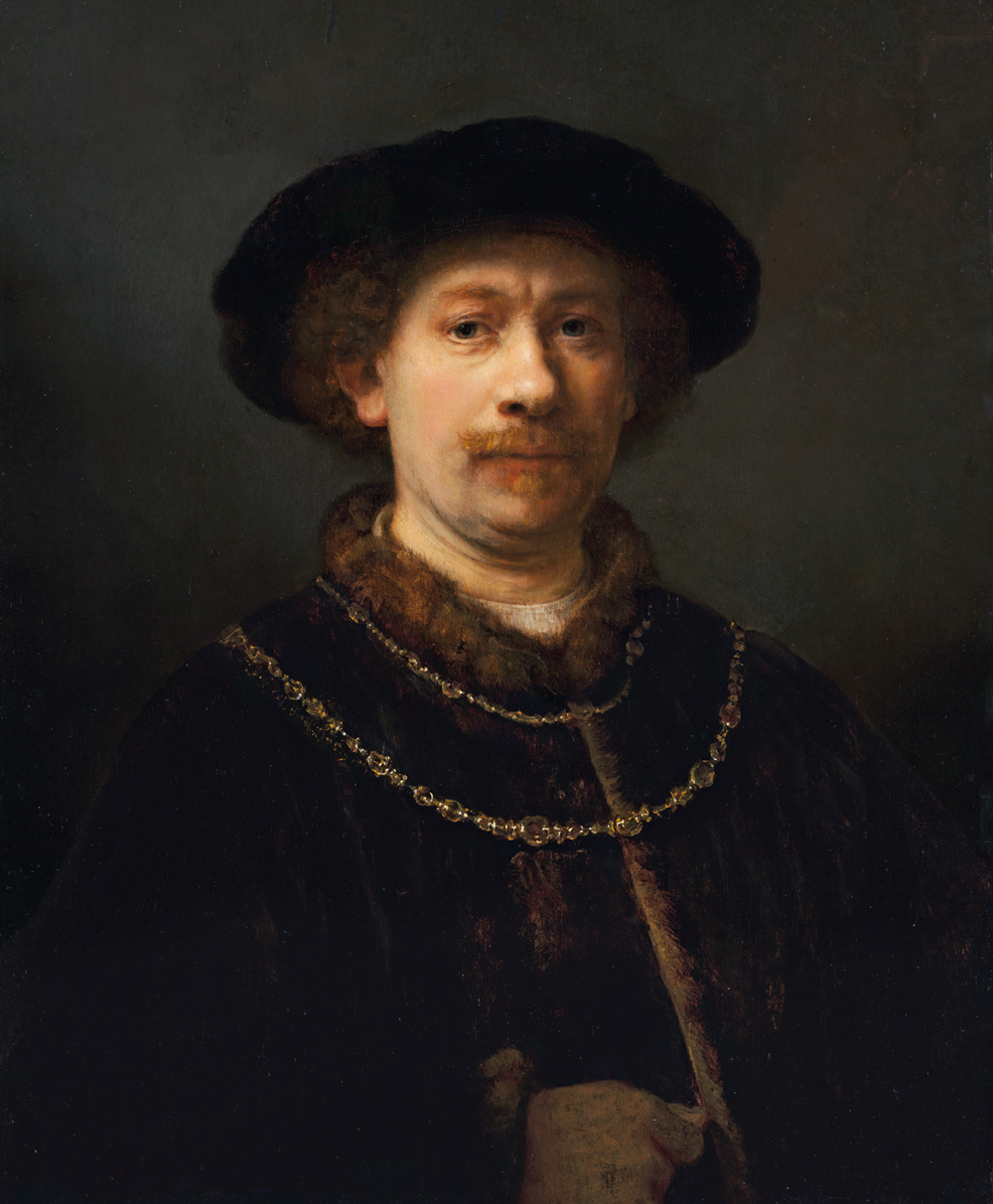 《戴着帽子和两条项链的自画像,伦勃朗,1642—43