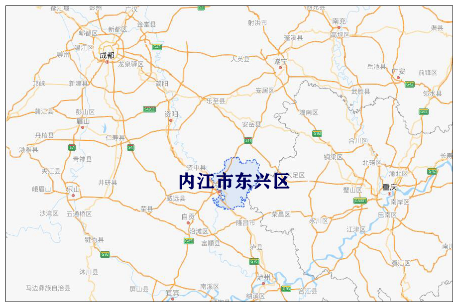 内江市东兴区之于成都和重庆的区位示意图