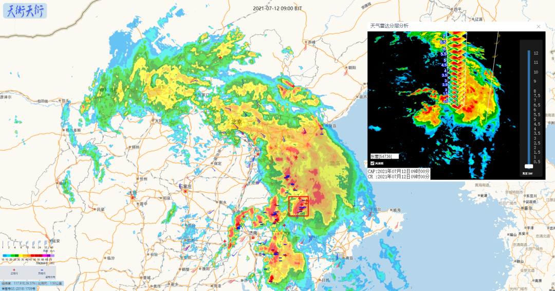 强降水天气过程,12日9时雷达回波叠加850hpa风场和雷电监测产品显示