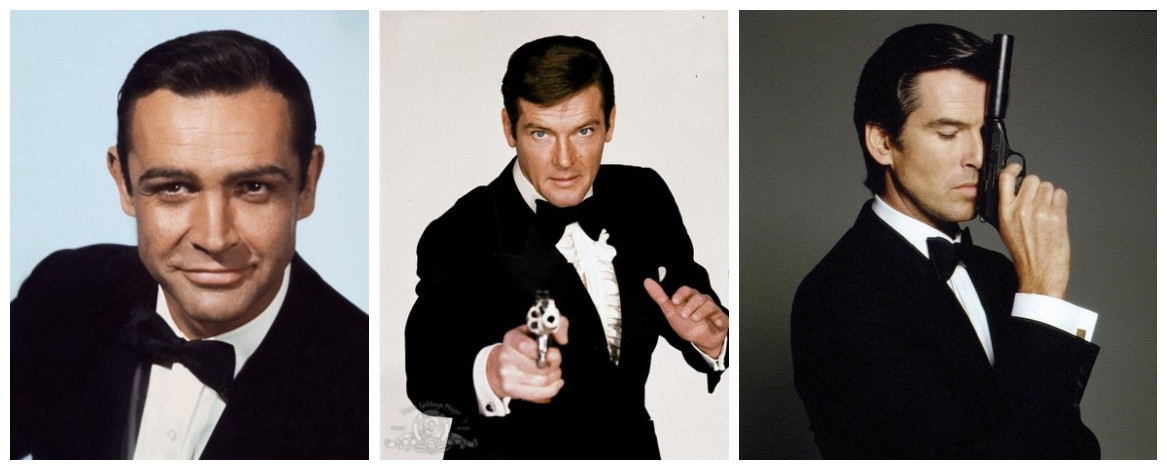 从左到右为:第一任007肖恩·康纳利,第三任007罗杰·摩尔,第五任007