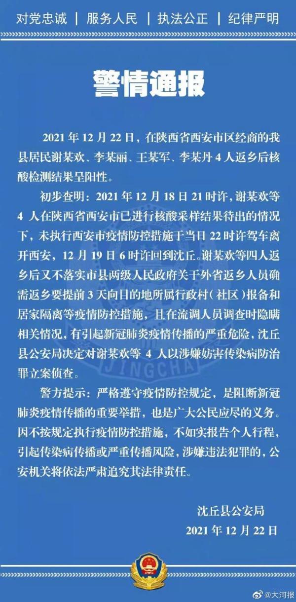 河南省周口市沈丘县疫情防控指挥部发布通告,该县在核酸检测中发现4例