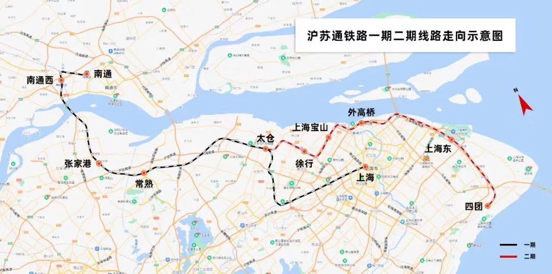 沪苏通铁路一期二期线路走向示意图 上海铁路局 供图