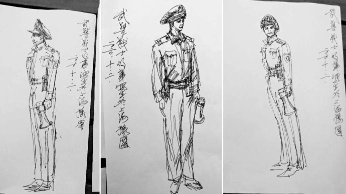 老人为上海豫园执勤武警画速写画:想用画笔展现他们良好形象
