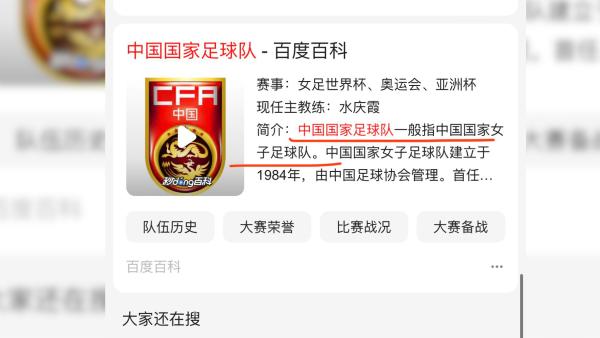 技术人士解析中国国家足球队在百科词条解释为女足