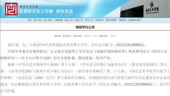 南京艺术学院：撤销郭彦努艺术学博士学位，注销博士学位证书