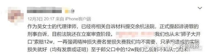 吴女士代理律师微博称已将材料提交至法院。来源:微博