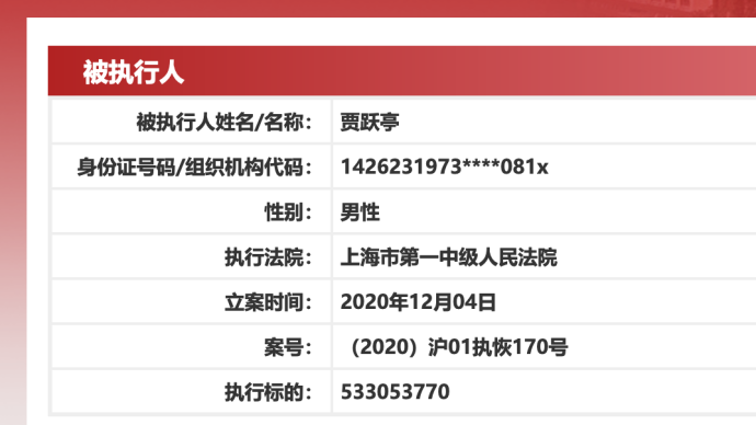 贾跃亭及乐视关联公司再成被执行人，执行标的约5.33亿