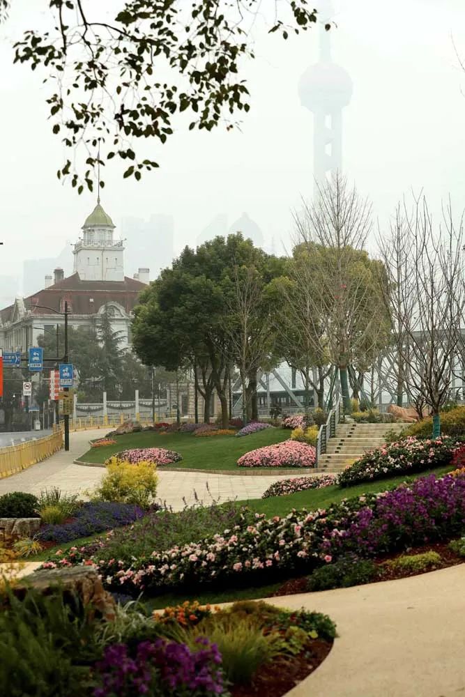 上海大厦蓝梦花园段充分利用两边地形，形成林下与台地花园。