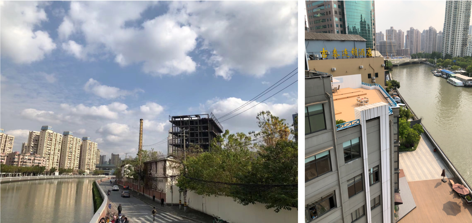 左图:漫步时摄于长宁区一机纺地块,工业遗产与苏州河之间的人行道非常狭窄,是空间资源紧缺的体现;右图:M50对面两座工业遗产厂房改造的创意园区,楼房与河岸之间空间极其狭窄,部分区域更是作为停车场地,滨水空间远未得到充分利用。朱怡晨 图