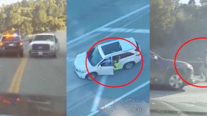 美国加州一嫌犯劫车逃亡，警匪上演公路追逐