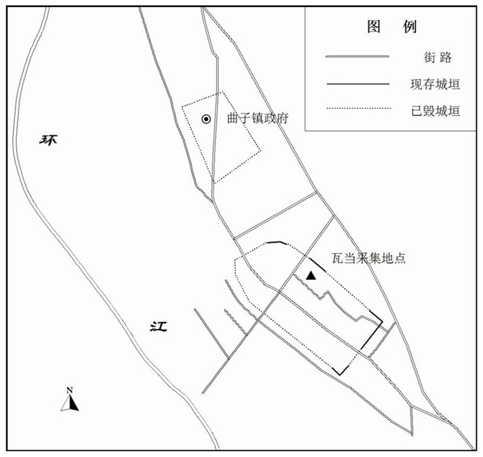 曲子镇残存古城遗迹及瓦当发现地点示意图(北城为明代古城,南城为汉代古城)