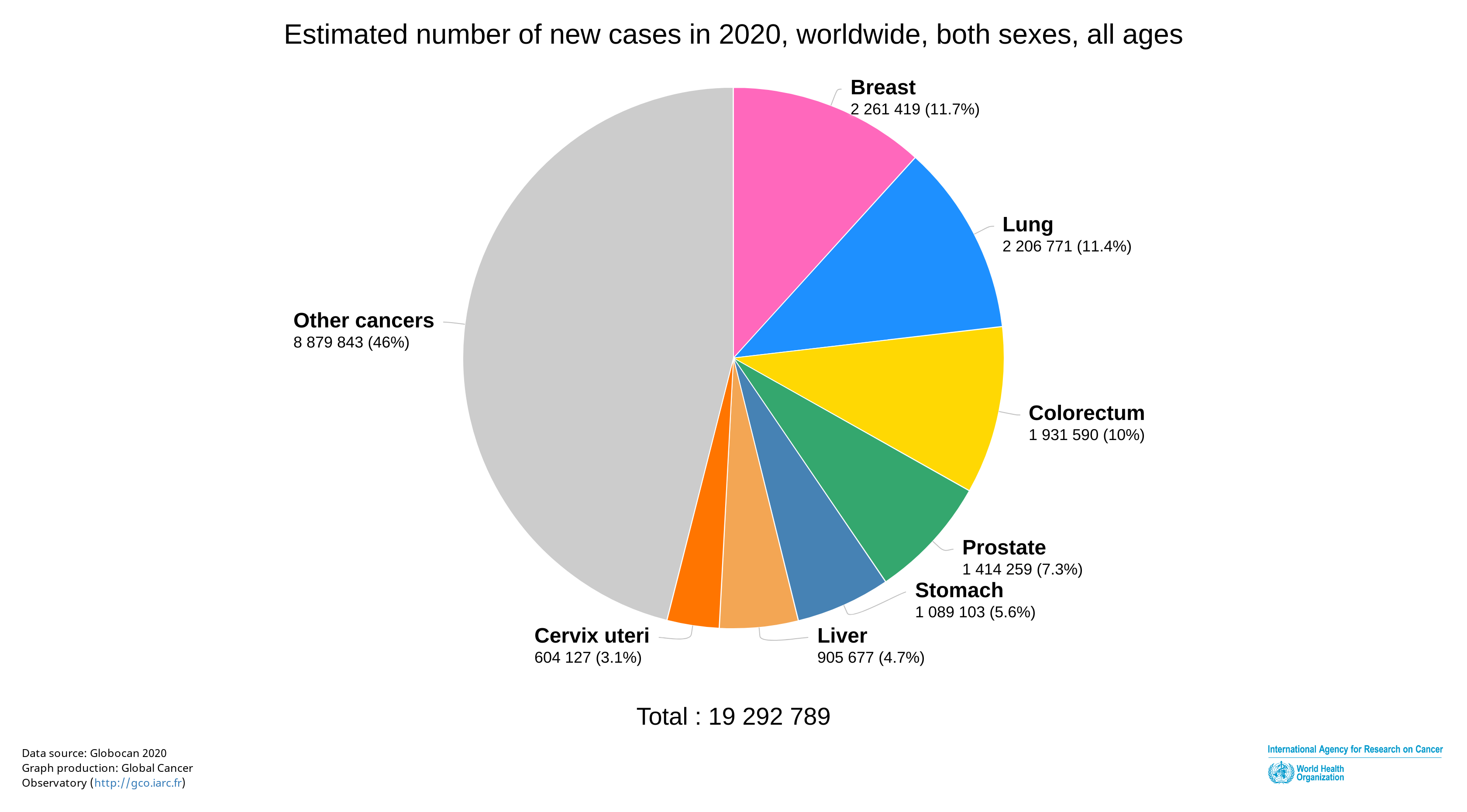 2020 年全球癌症新增病例。源自：WHO