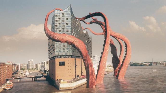 巨型章鱼现身易北河畔，来自汉堡音乐厅的超酷新年祝福