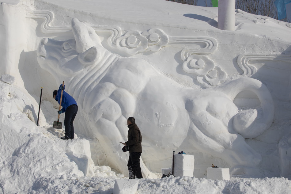 8米高的超大雪雕牛,他们还给这个雕塑起了个名字叫做"牛气冲天.