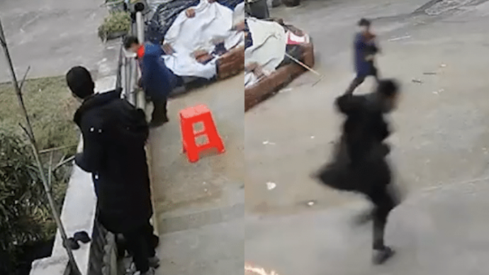 兒子燃放竄天猴“翻車”,爸爸撒腿就跑