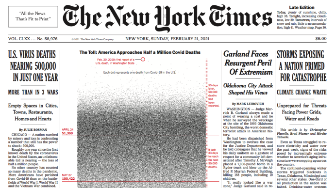 《纽约时报》头版：美国新冠死亡病例逼近50万