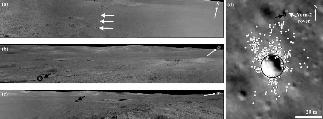 图 4 (a)、(b)和(c) “玉兔二号”月球在第13、14和15月昼获取的全景影像镶嵌图。(d)撞击坑周围的石块空间分布