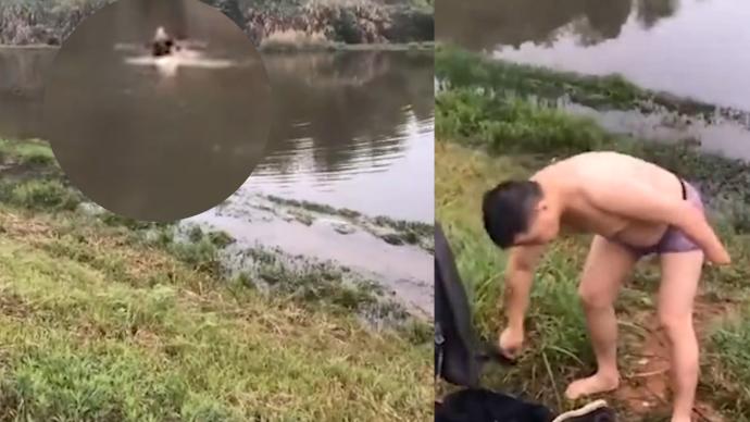 面包车失控沉入池塘，残疾男子下水救司机