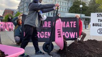 抗议拜登政府的气候计划，示威者在白宫外倒牛粪
