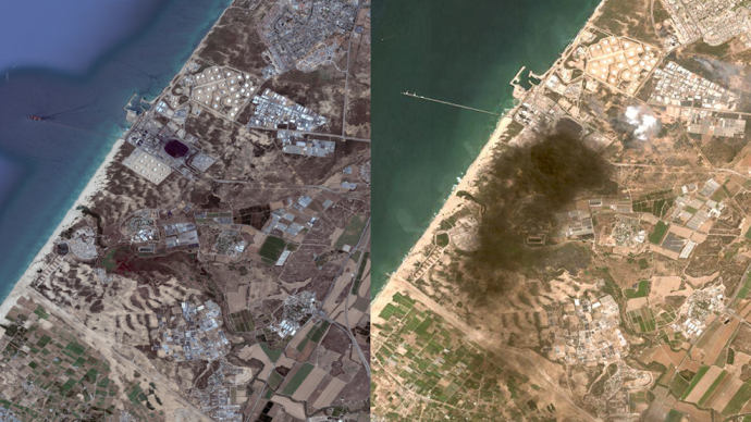 加沙遭以军空袭前后卫星地图对比：建筑被炸毁，黑烟笼罩城市