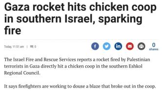 躲过“铁穹”，加沙火箭弹击中以色列一处鸡舍