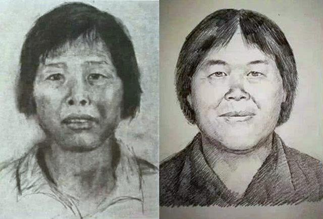 “梅姨”的模拟画像。左图为广州警方公布，右图为画像专家林宇辉绘制。