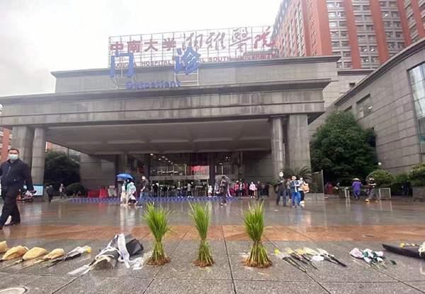 中南大学湘雅医院前的花束和秧苗。网络图