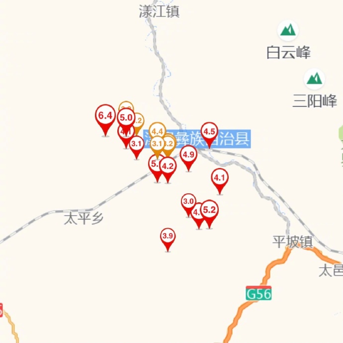 图为截至目前三级以上的地震分布情况，其中6.0级以上1次，5.0-5.9级3次，最大地震为6.4级。图片来源：@中国地震台网速报