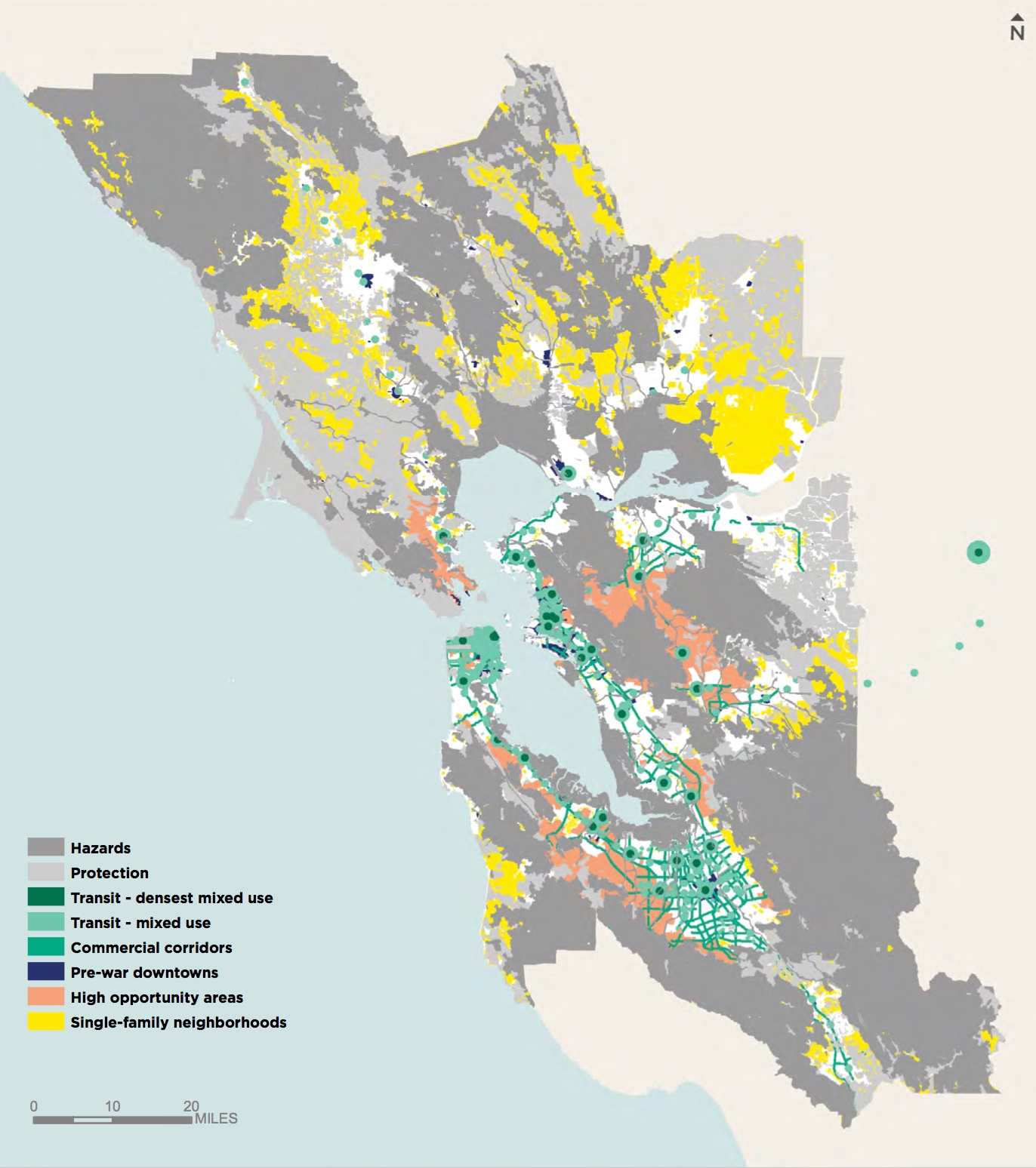 旧金山湾区不同发展地段分区规划图。