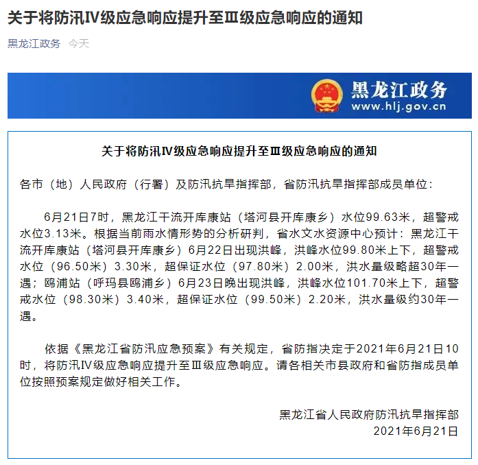 黑龙江省发布洪水橙色预警，防汛应急响应提升至Ⅲ级 绿政公署 澎湃新闻 The Paper