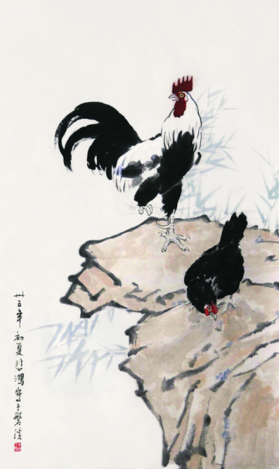 《鸡》 徐悲鸿 1946 114×65cm 设色纸本  北京画院藏