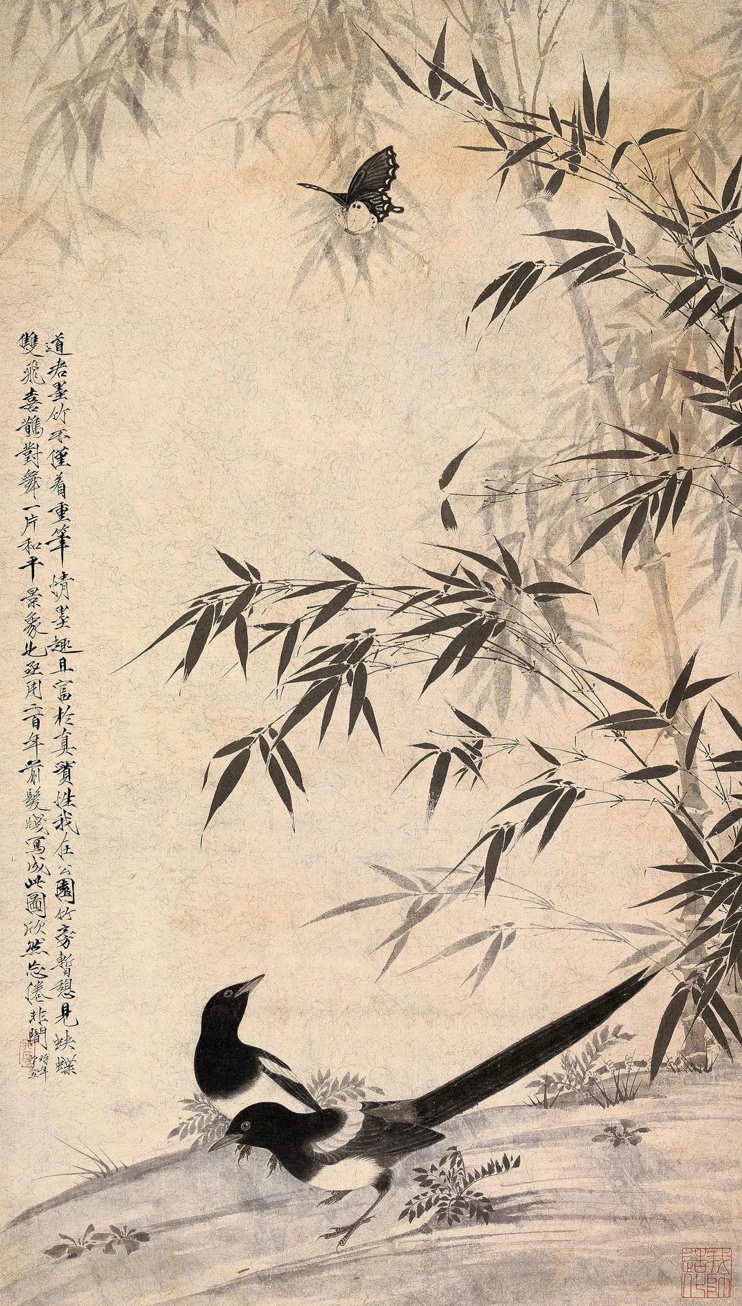 《双飞喜鹊》 于非闇 1954年 112cm×63cm 镜片 纸本 北京画院藏