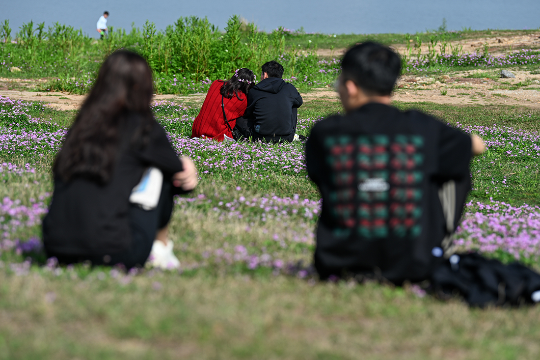 2021年3月28日，江西南昌，游客在赣江市民公园草地上休憩。