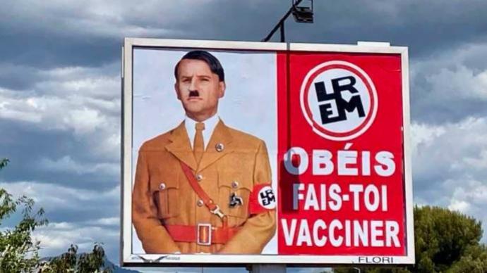 被反疫苗海报描绘成希特勒，法国总统马克龙准备起诉