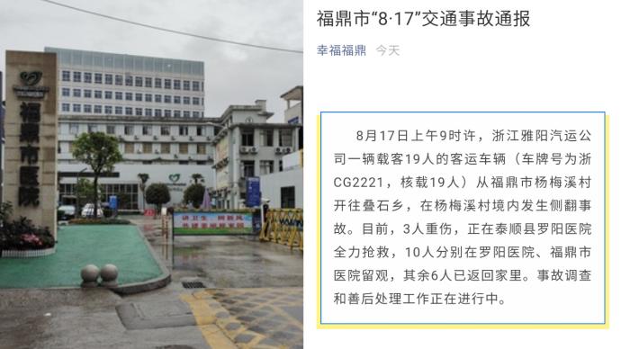 福建福鼎发生客车侧翻事故，载客19人其中3人受重伤正抢救