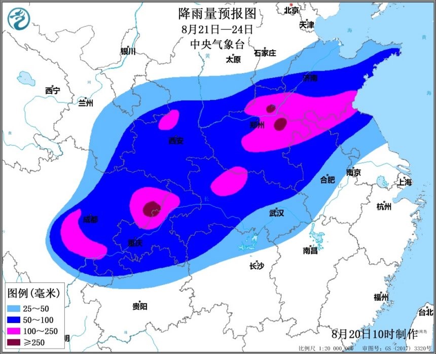 8月21日-24日降雨量预报图 来源：中央气象台