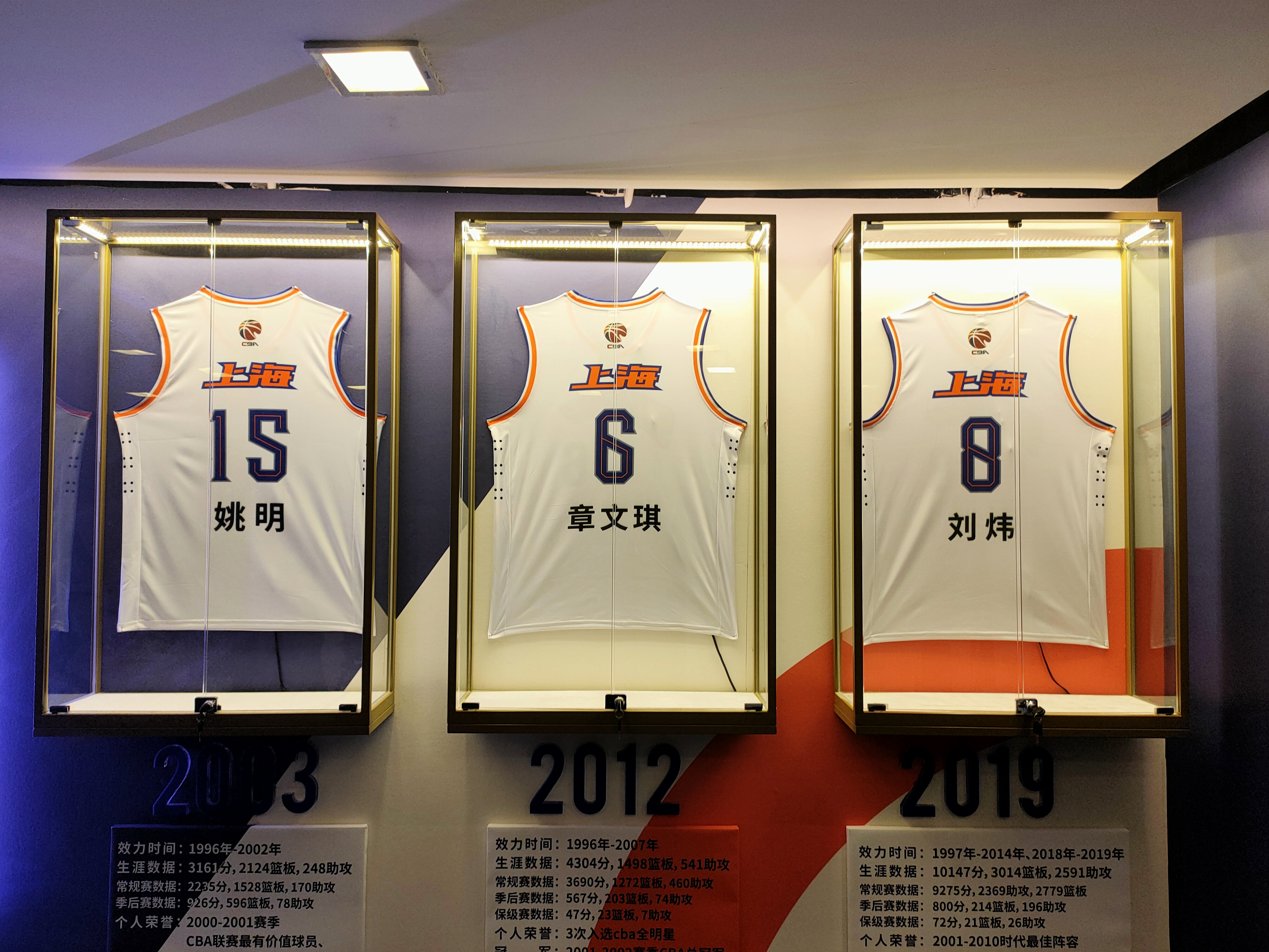 姚明,章文琪和刘炜的退役球衣. 澎湃新闻见习记者胡杰图