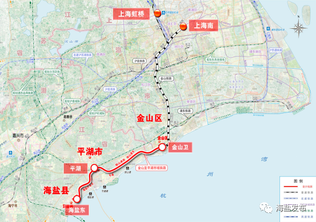 沪平盐城际铁路自金山卫站引出,经平湖市,终至海盐。“海盐发布”微信公号 图