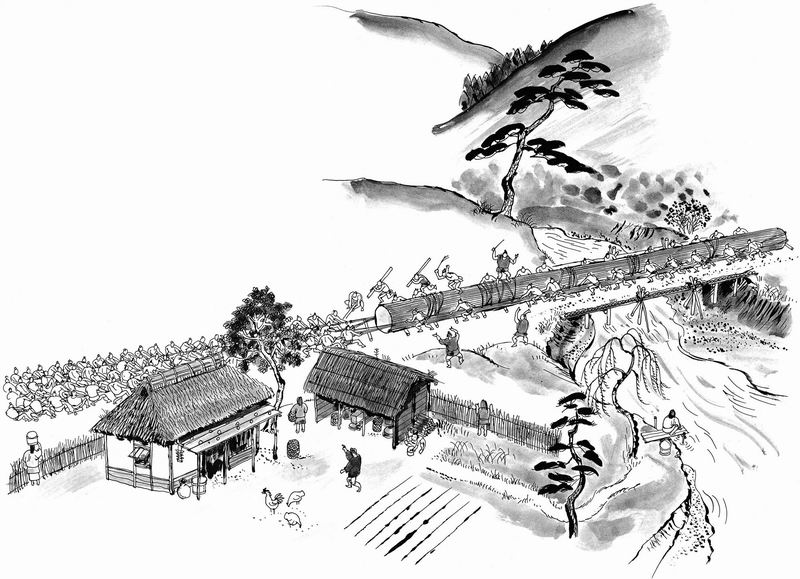 在进行大佛铸造工程的同时，人们从山上砍伐木材，为建设大佛殿做准备。