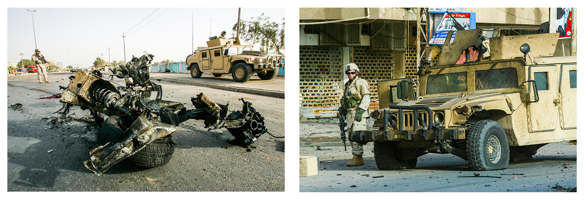 2005年伊拉克,赶来增援的美军士兵在美军遇袭现场保持警戒(左)/一名