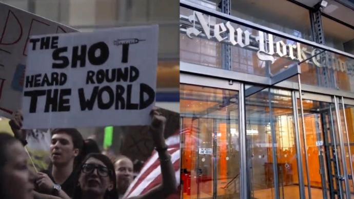 砍媒体经费！示威者包围纽约时报大楼抗议强制接种疫苗