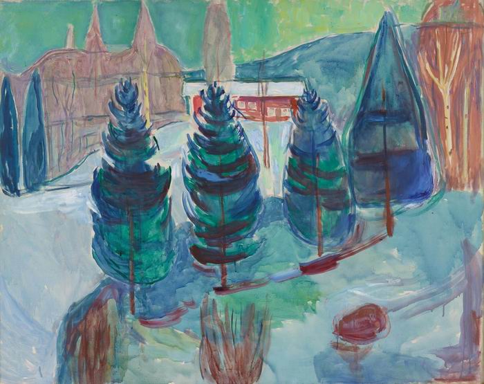 蒙克，《红房子和云杉》，布面油画，1942-1943年， ?Munchmuseet