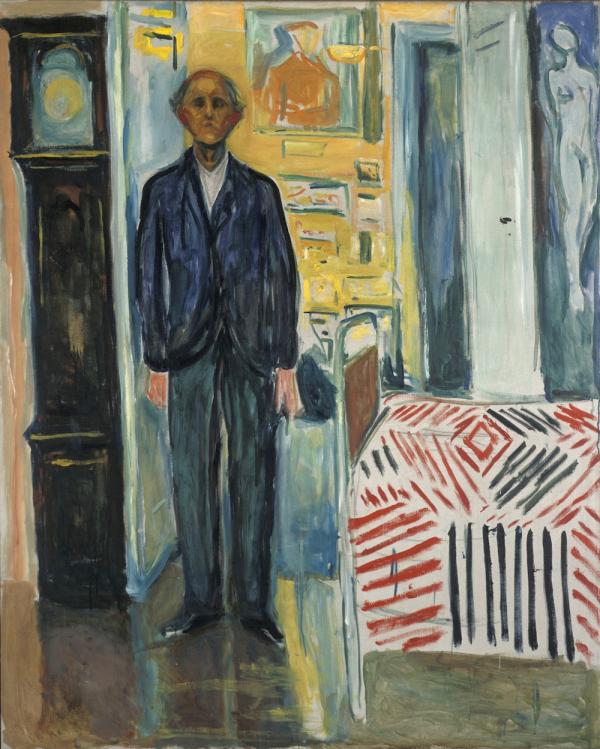 蒙克《自画像：站在钟表和床之间的》（1940-1943年）