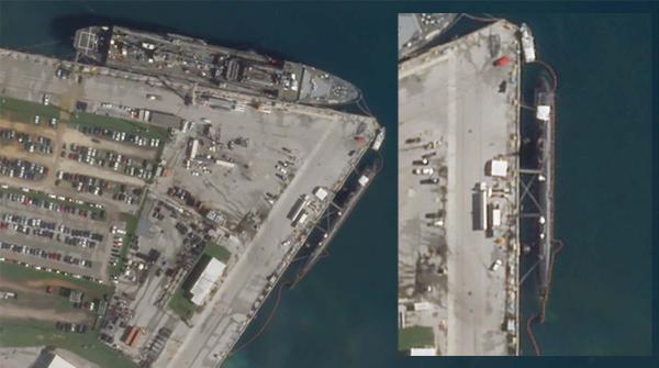 卫星图像显示，目前有两艘潜艇停泊在关岛海军基地