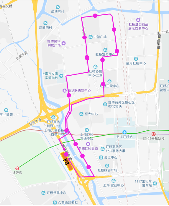 粉线为P8<p>停车场</p> —虹桥商务区(北区)<p>停车场</p>