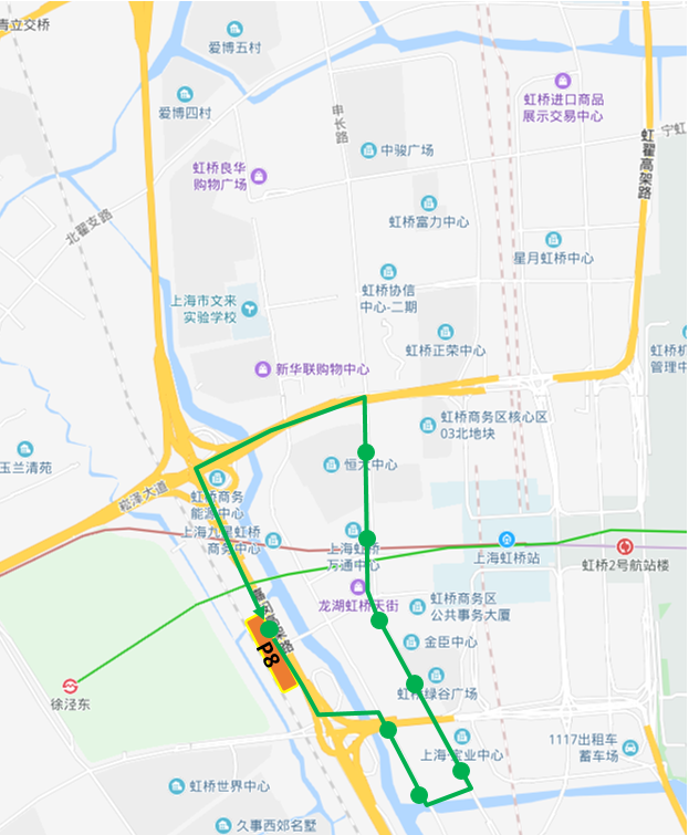 绿线为P8<p>停车场</p> — 虹桥商务区(南区)<p>停车场</p>